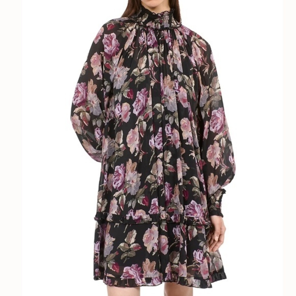 The Kooples | Floral Smocked Mock Neck Mini Dress